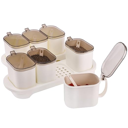 Cedilis Set of 2 Seasoning Box, 7 Pieces Salt Sugar Storage Container, 18oz Seasoning Spice Pots with Cover and Spoon, Storage Container Condiment Jars for Kitchen Cooking Supplies