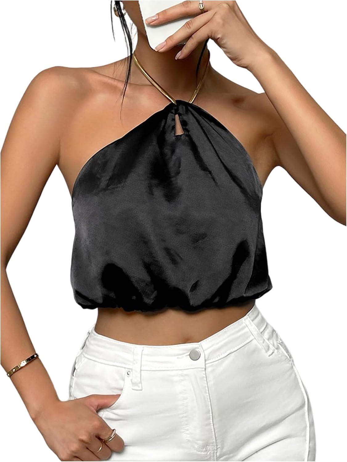 SOLY HUX Women's Crop Halter Tops Sleeveless Backless Going Out Satin Crop Tops