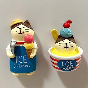 Decorative Ice Cream Cat Fridge Magnets, Adorable Figurine Kitchen Magnets, Funny Gifts for Cat Lovers, Cute Kitchen Decor, 2-Piece Set Refrigerator Magnets
