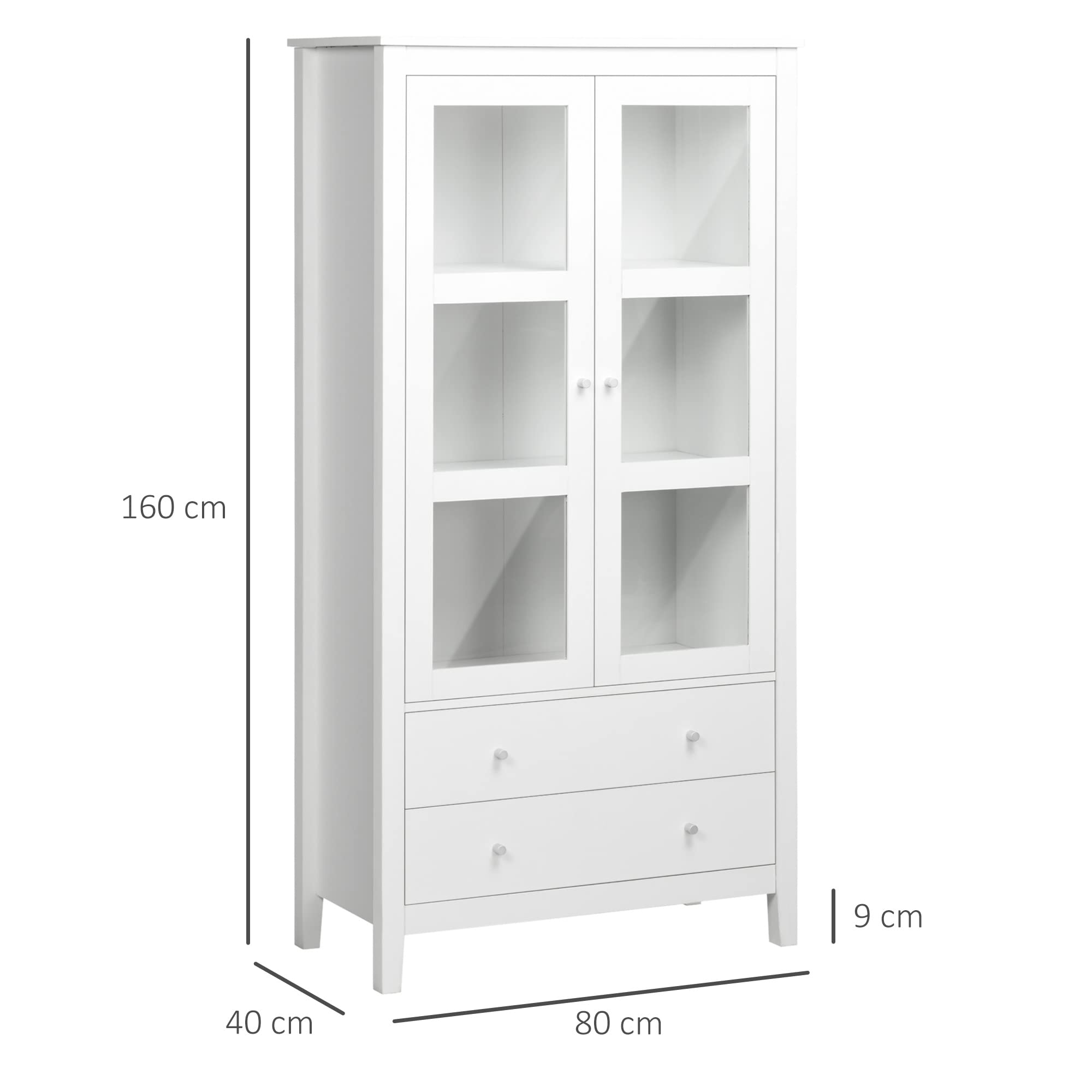 HOMCOM Vitrina de Salón Aparador de Cocina 2 Puertas 80x40x160 cm Blanco | Vidrio Templado, 3 Estantes, 2 Cajones, Bisagras de Cierre Suave, para Comedor Oficina