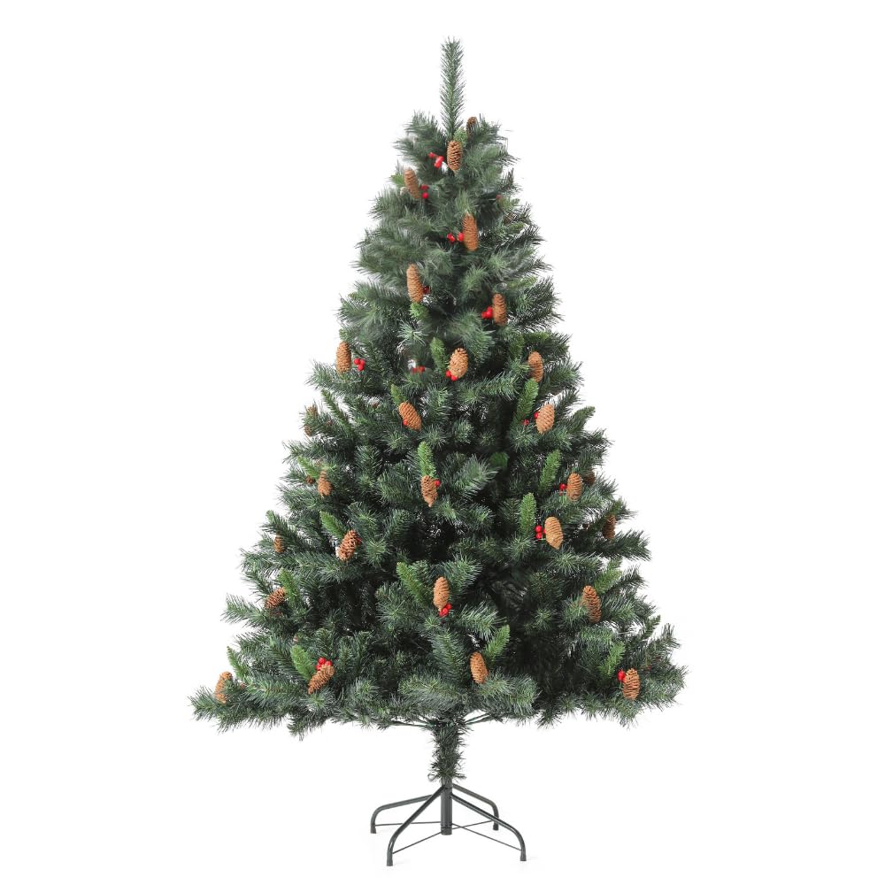 EVRE Christmas Tree with Pine Cones & Berries Natural Looking Artificial Spruce Indoor Decoration for Xmas with Folding Metal Stand (7ft)