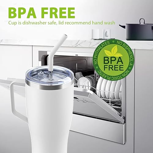 Miniatura 4 de Zenbo Vaso aislado de 32 onzas con tapa de asa y popote, mantiene las bebidas frías hasta 24 horas, taza aislada al vacío de acero inoxidable con