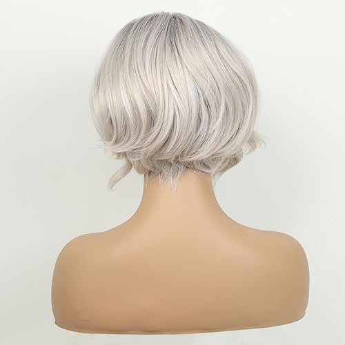 Miniatura 9 de TISHINING Pelucas cortas en capas de color marrón degradado ondulado para mujer, longitud de la barbilla, peluca de cabello sintético marrón