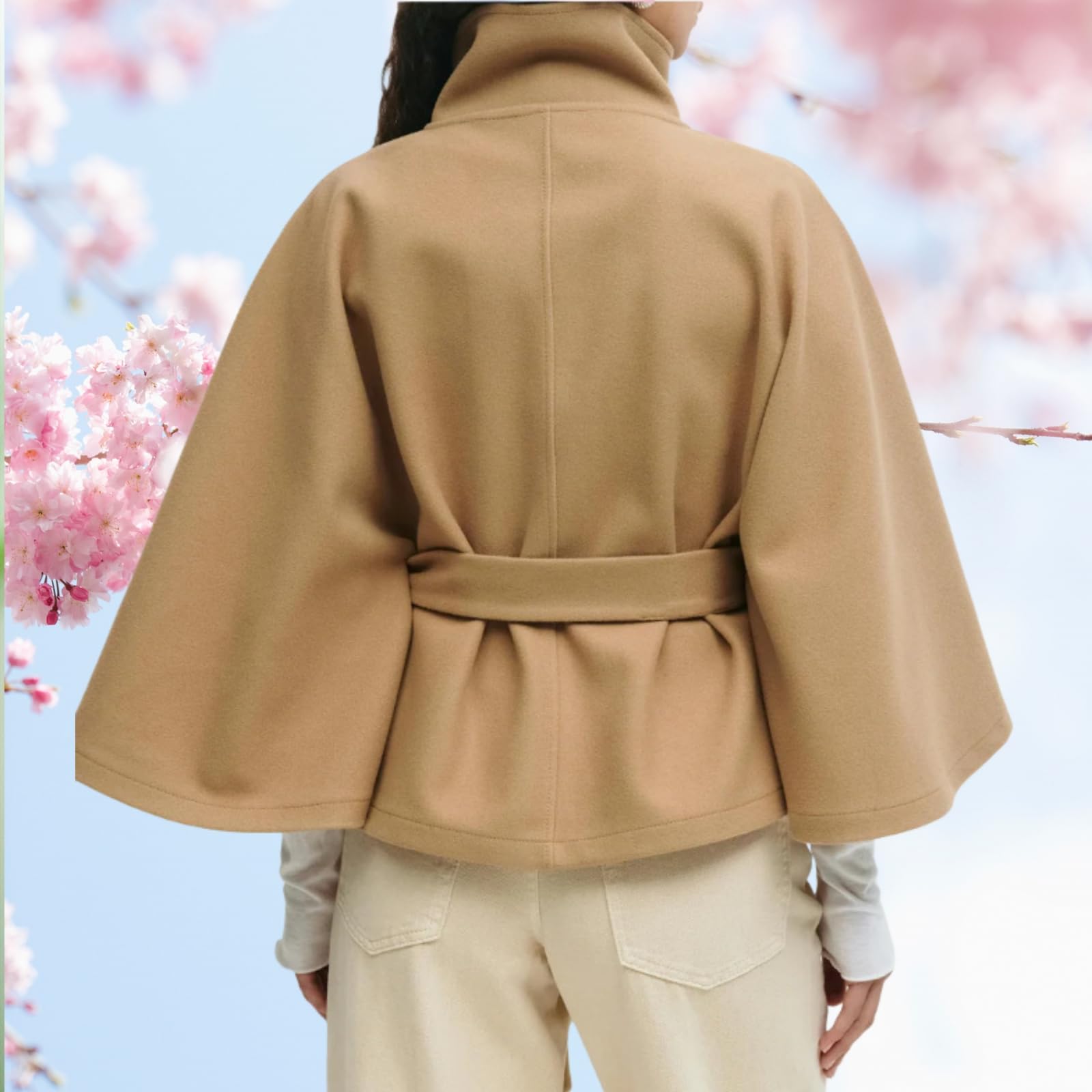 Generisch Poncho De Mujer Con Mangas De Murciélago, Caban Chaqueta Con Cuello Alto Y Cinturón Capa Abrigo Chaqueta, Capa Otoño-Invierno Bufanda Ropa Exterior