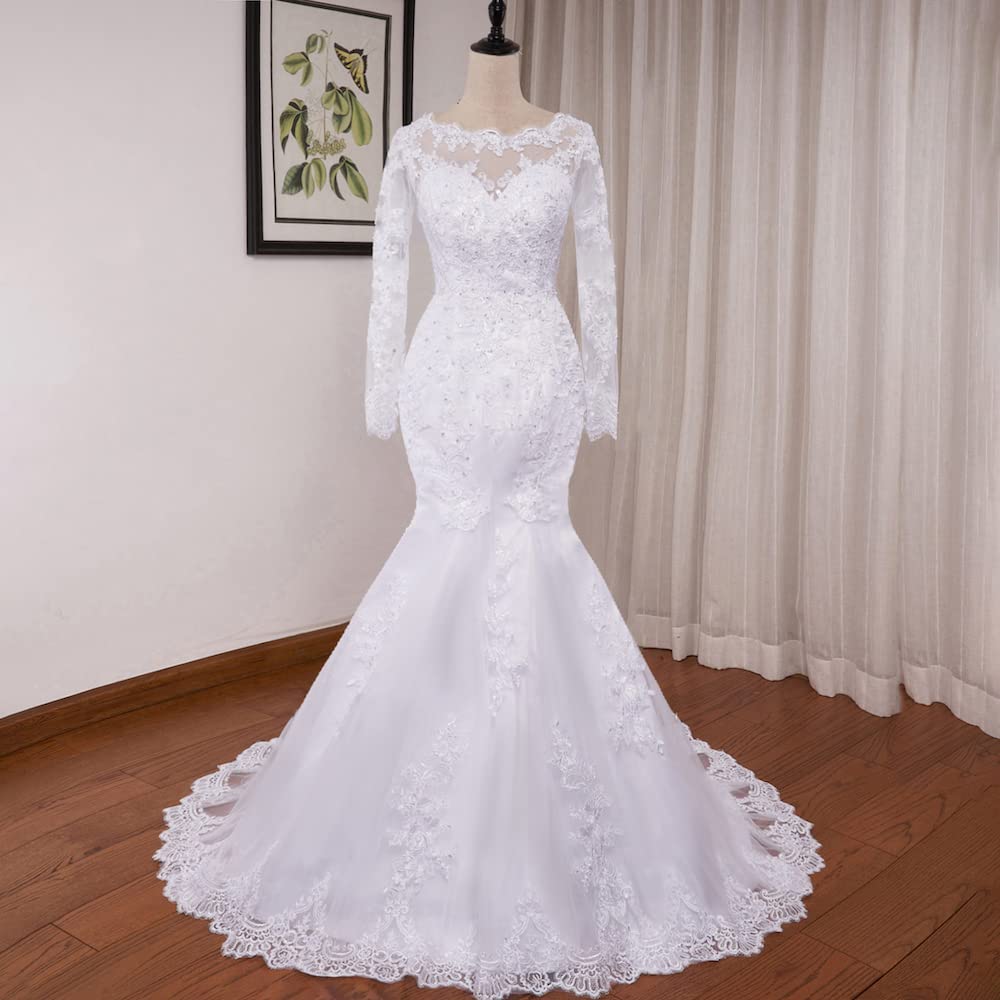 Robe de mariée sirène Manche Longue col Rond Perles Dentelle Grande Traine Robe de Mariage Me-0325