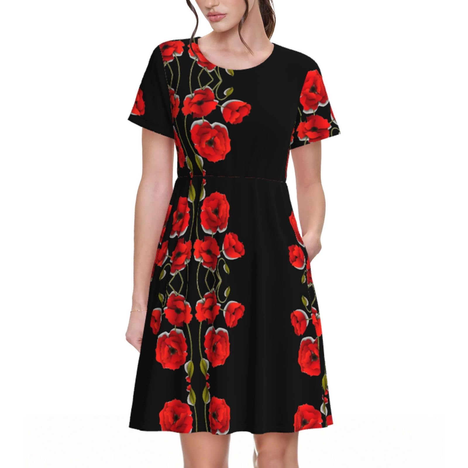 Poppy Flowers Vivid Petals Print Women's Short Sleeve Pleated Loose Swing Casual Dress Black