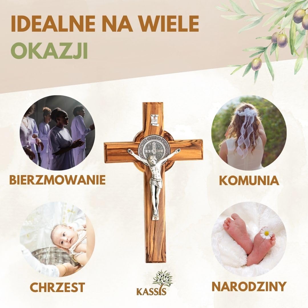 KASSIS ręcznie robiony krucyfiks św. Benedykta - 20 cm krzyż ścienny z drewna oliwnego - trwały prezent na bierzmowanie, komunię i chrzest - dekoracja religijna, błogosławieństwo domu