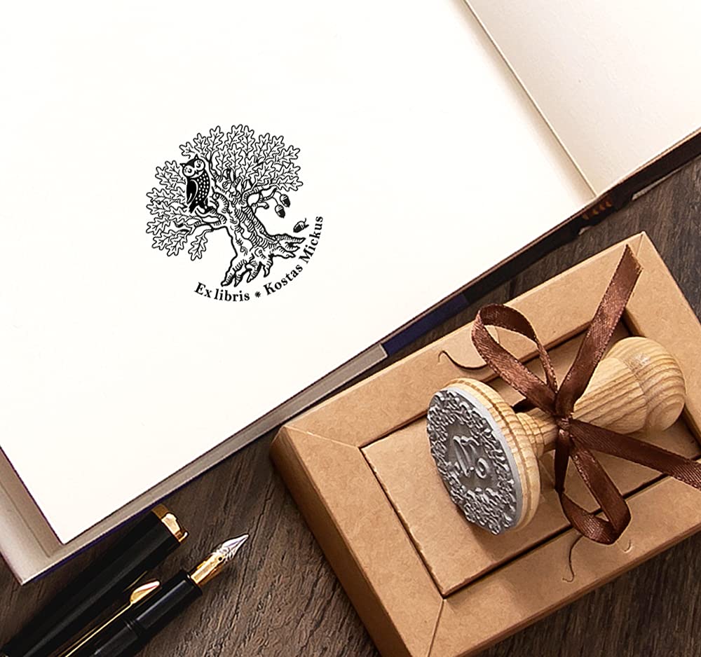 Ex libris Timbro Personalizzabile Gufo, Albero Quercia, Regalo Arte