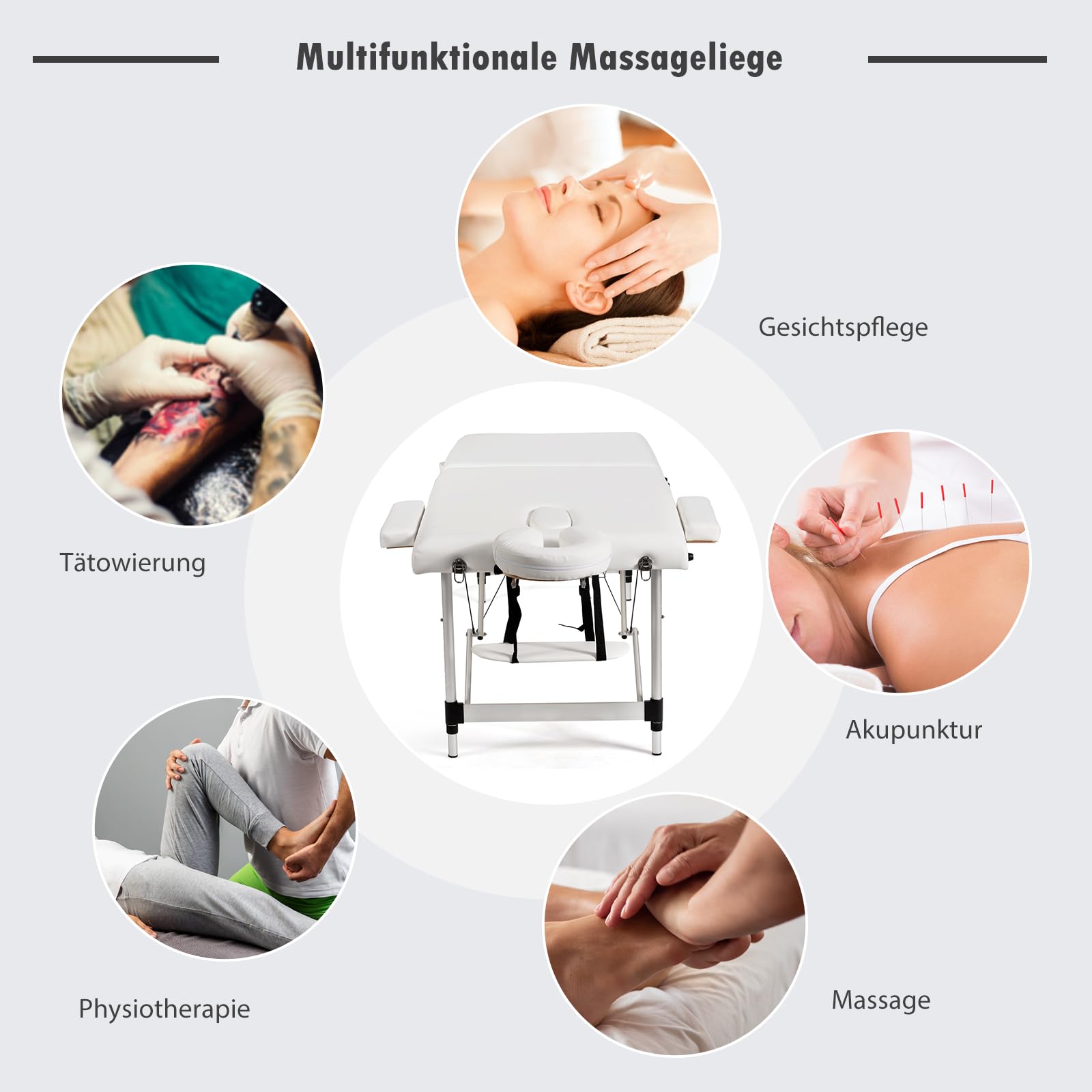 GOPLUS Massageliege, 2 Zonen Massagetisch aus Aluminium bis zu 250kg, Mobile Massagebank klappbar & höhenverstellbar, 70cm breit Massagebett mit Kopfstütze, Armlehnen & Tragetasche für Spa, Weiß