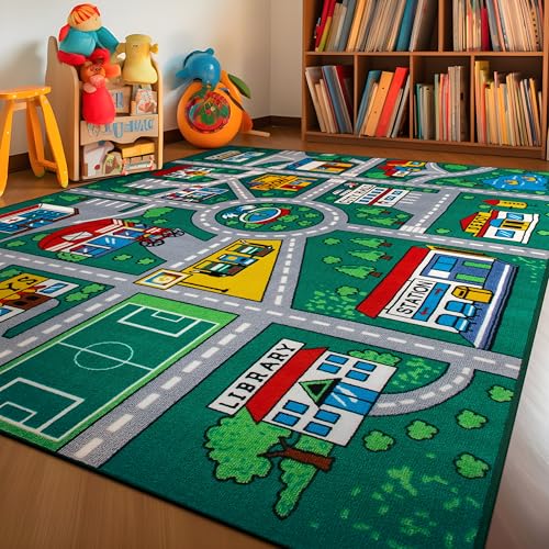 Rugshop Kids Playmat Road Traffic Educational High Traffic Living Room,Bedroom,Kitchen, Home Office Non Slip Area Rug 5' x 7' Green