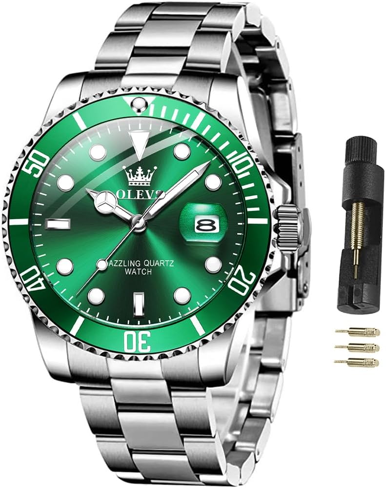 OLEVS 腕時計 メンズ クラシック 日付付き ビジネスドレス ラグジュアリー ビッグフェイス グリーン/ブラック/ブルー 防水 ルミナス メンズ腕時計 アナログ ツートーン ステンレススチール メンズウォッチ, シルバーグリーン 腕時計 メンズ
