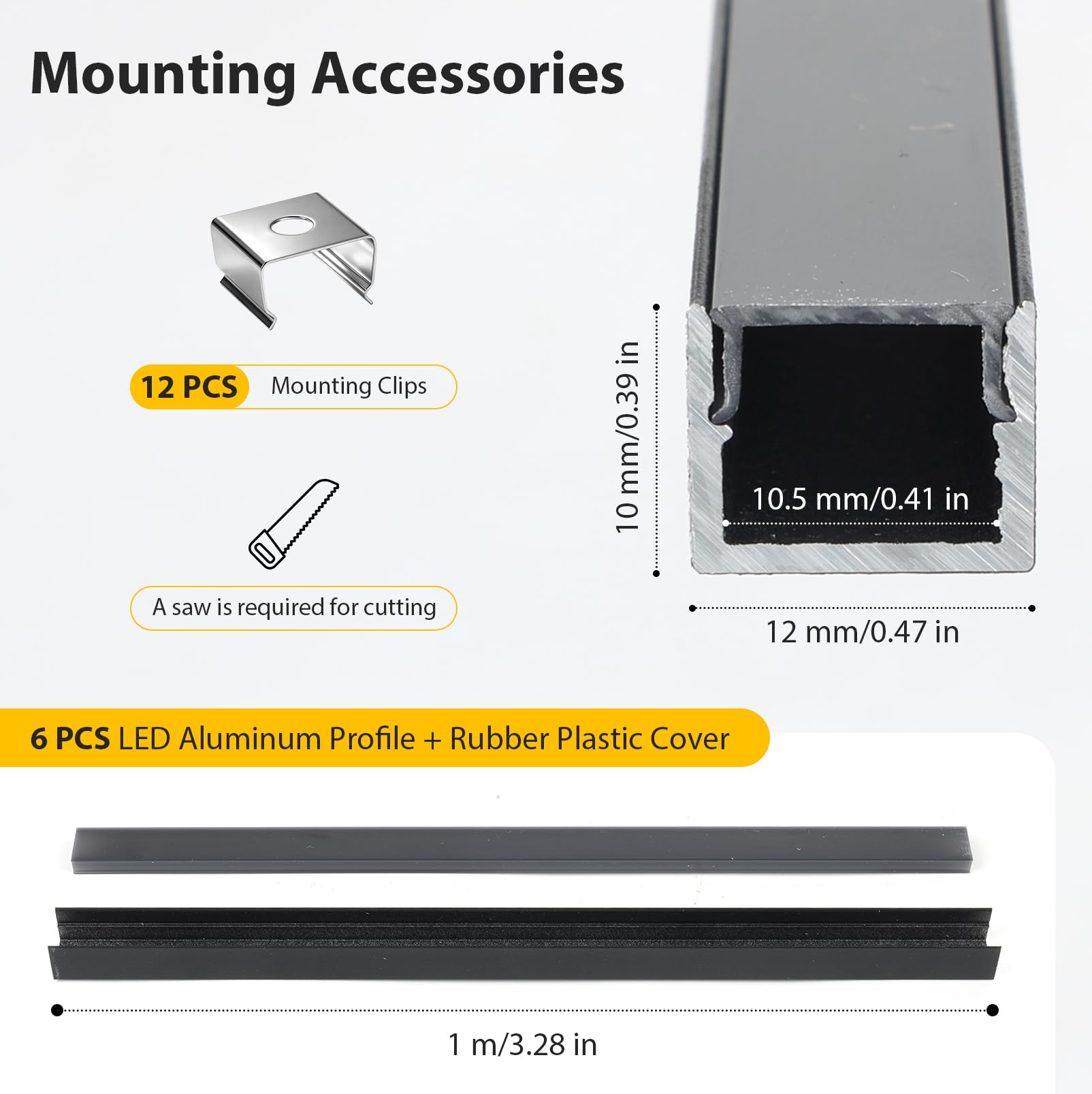 Perfil LED de 1 m, color negro, juego de 6 unidades, perfil de aluminio LED, 12 × 10 mm, para paneles acústicos con clips de montaje, tiras negras, LE-D Pro-fil ST10, aluminio, negro para tiras (no