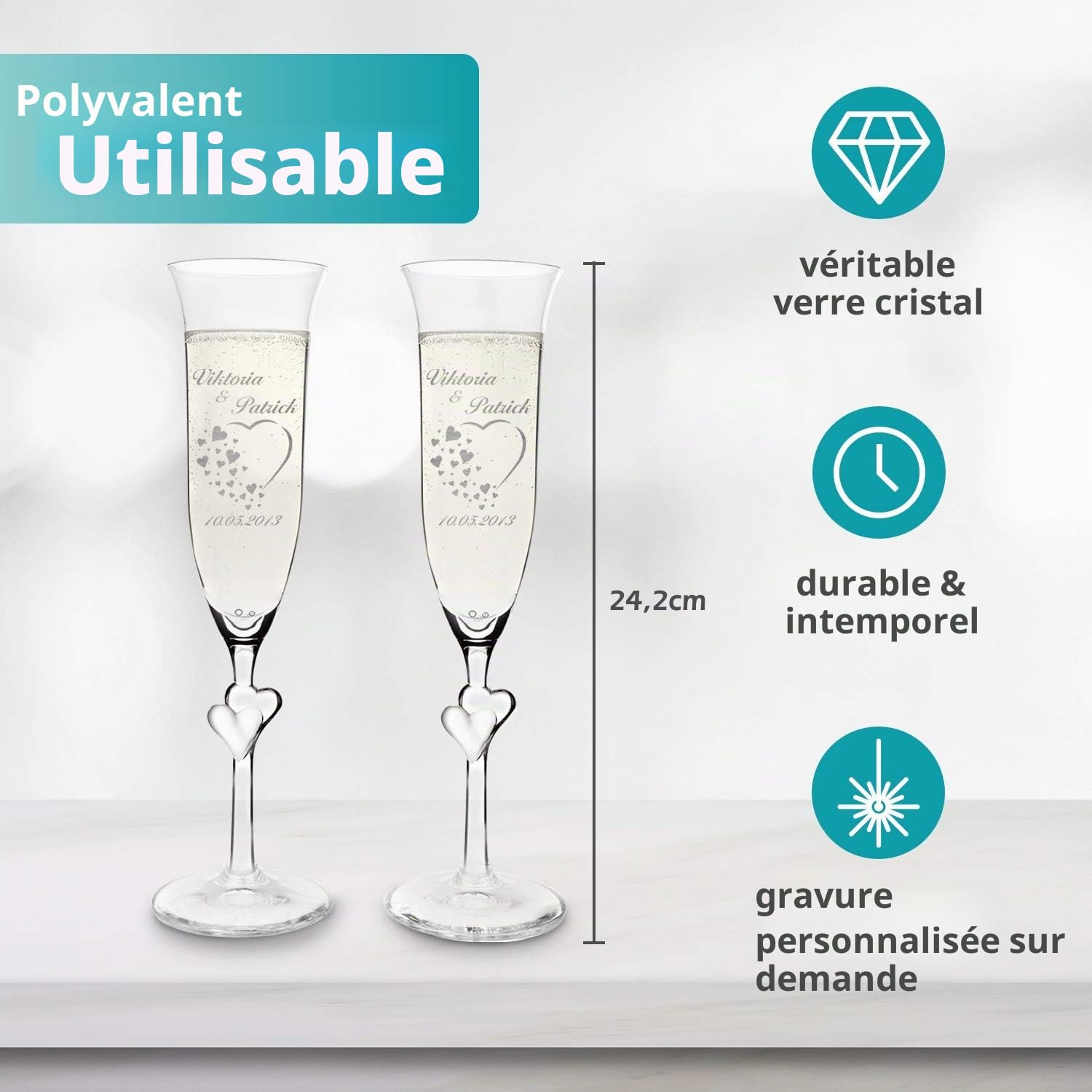 polar-effekt Lot de 2 Verres à Champagne en Cristal pour Couples - Cadeau Personnalisé avec Gravure - Flûtes à Champagne 175 ml - Tige avec Cœurs