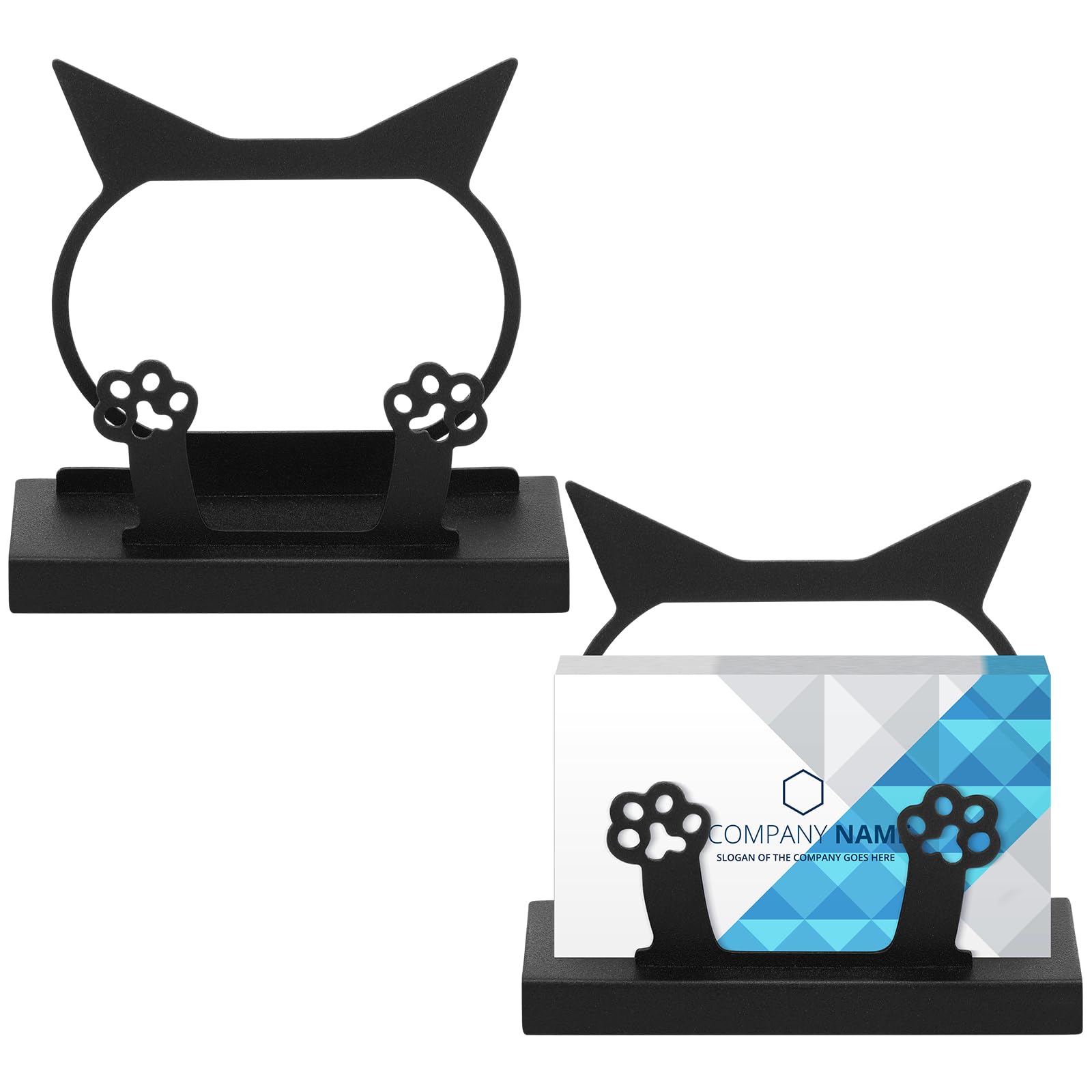 MorningRo 2 Pcs Cute Business Card Holder Cat Paw Print Metal Black Card Holder Cat Desk Accessories Organizer Display Stand for Women Office Supplies