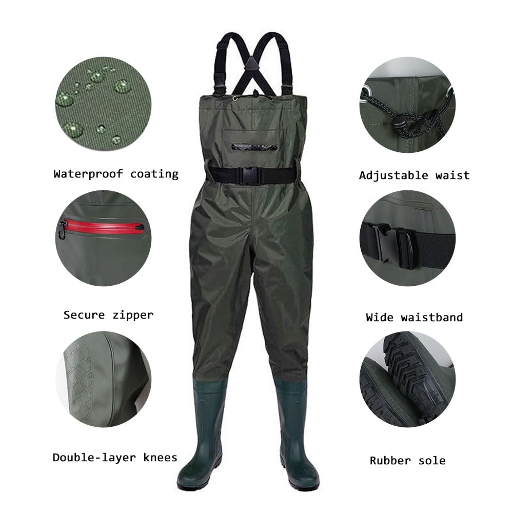 ENEN Waders Trampolieri da Pesca con Stivali da Pesca, Impermeabile Traspirante in Nylon Petto Trampolieri Salopette Regolabili per Uomo Donna Pescatore (Nero,41)