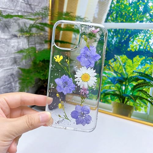 Miniatura 5 de Abbery Funda diseñada para iPhone 13 Mini con diseño de flores prensadas, bonita funda con purpurina brillante transparente con diseño de silicona
