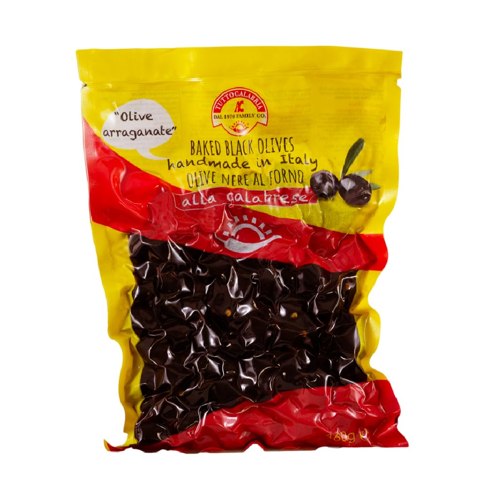 TUTTOCALABRIA Baked Oven Roasted Black Olives with Pits, Semi Dried Black Olives, 460 gm (16.22 oz), Olives al Forno, Handmade in Calabria, Italy, Calabrian Black Olives