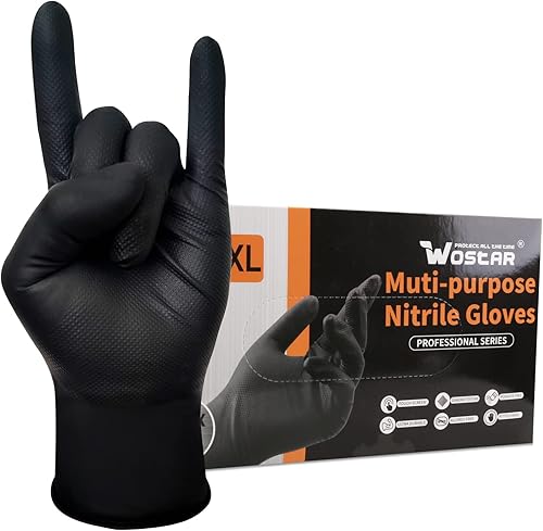 Wostar Guantes desechables de nitrilo negro con textura de diamante elevado, 8 mil, sin látex ni polvo, 100 unidades