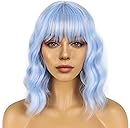 Short Bob Wigs with Bangs for Women Loose Wavy Wig Curly Wavy Shoulder Length Bob Synthetic Cosplay Wig for Girl Colorful Costume Wigs (Light Blue)