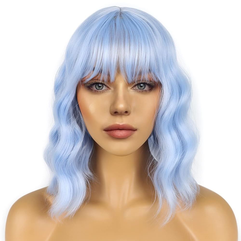 LANCAINI Short Bob Wigs with Bangs for Women Loose Wavy Wig Curly Wavy Shoulder Length Bob Synthetic Cosplay Wig for Girl Colorful Costume Wigs (Light Blue)