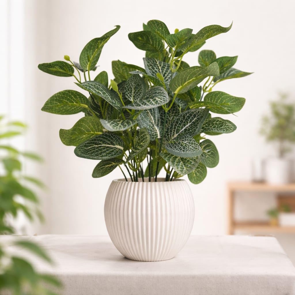 Artificial Green Leaf Plant with White Ribbed Pot | 37 cm Faux Decorative Plant for Home, Office, Tabletop & Indoor Décor | Long-Lasting, Maintenance-Free | Pack of 1