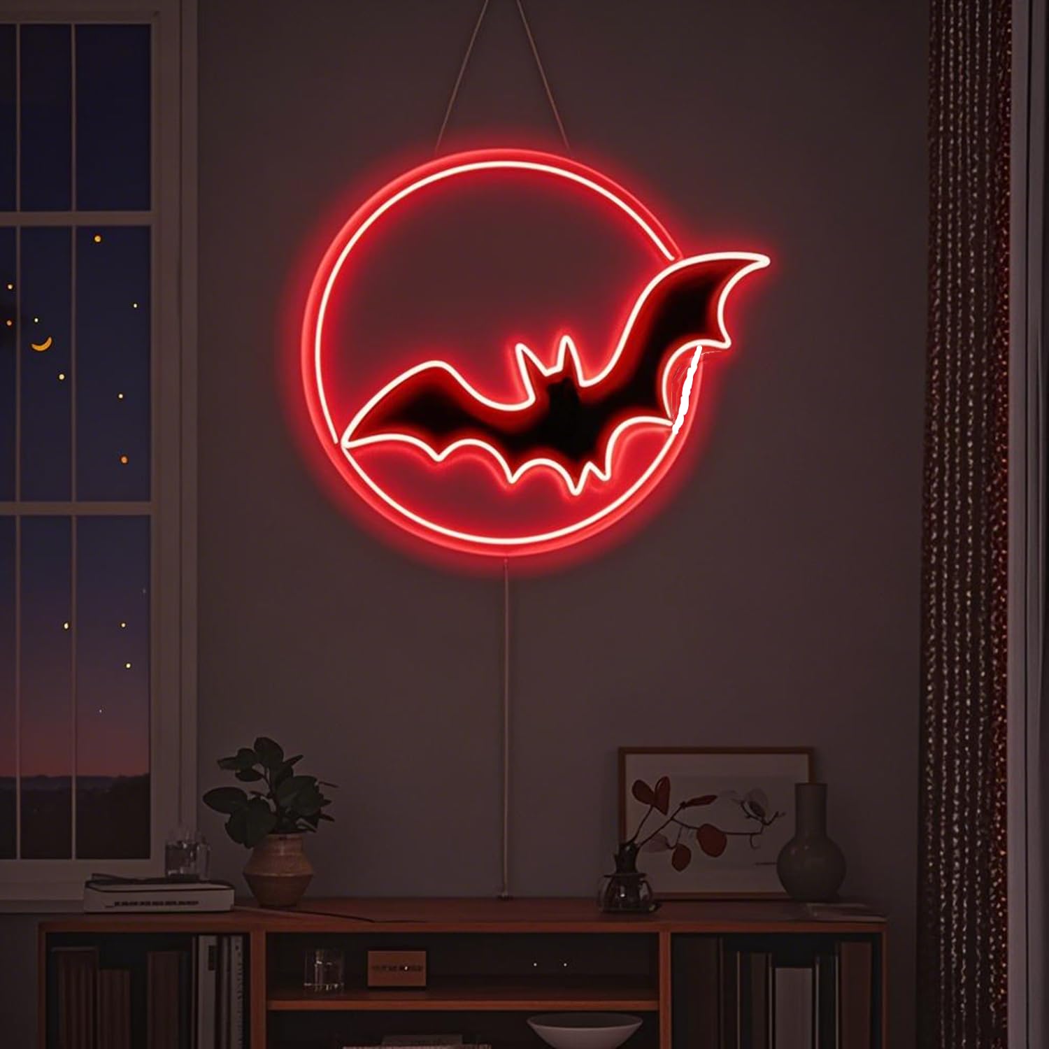 HFHungkeong Bat and Moon Neon Light Signs LED Halloween Decorations 5V USB Powered Dimmable Acrylic Halloween Light up Signs Wall Art Lamp for Bedroom Bar Office Dorm(Red)