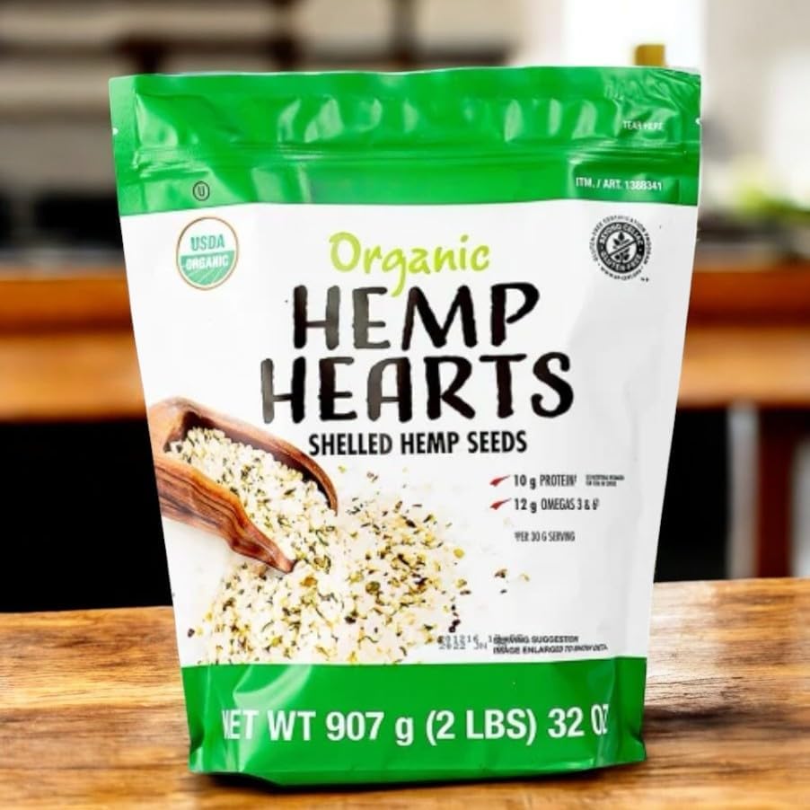 Corazones de cáñamo orgánico  Paquete de 2 libras  0.35 oz de proteína + 0.44 oz de omegas  Vegano, sin gluten, sin OMG