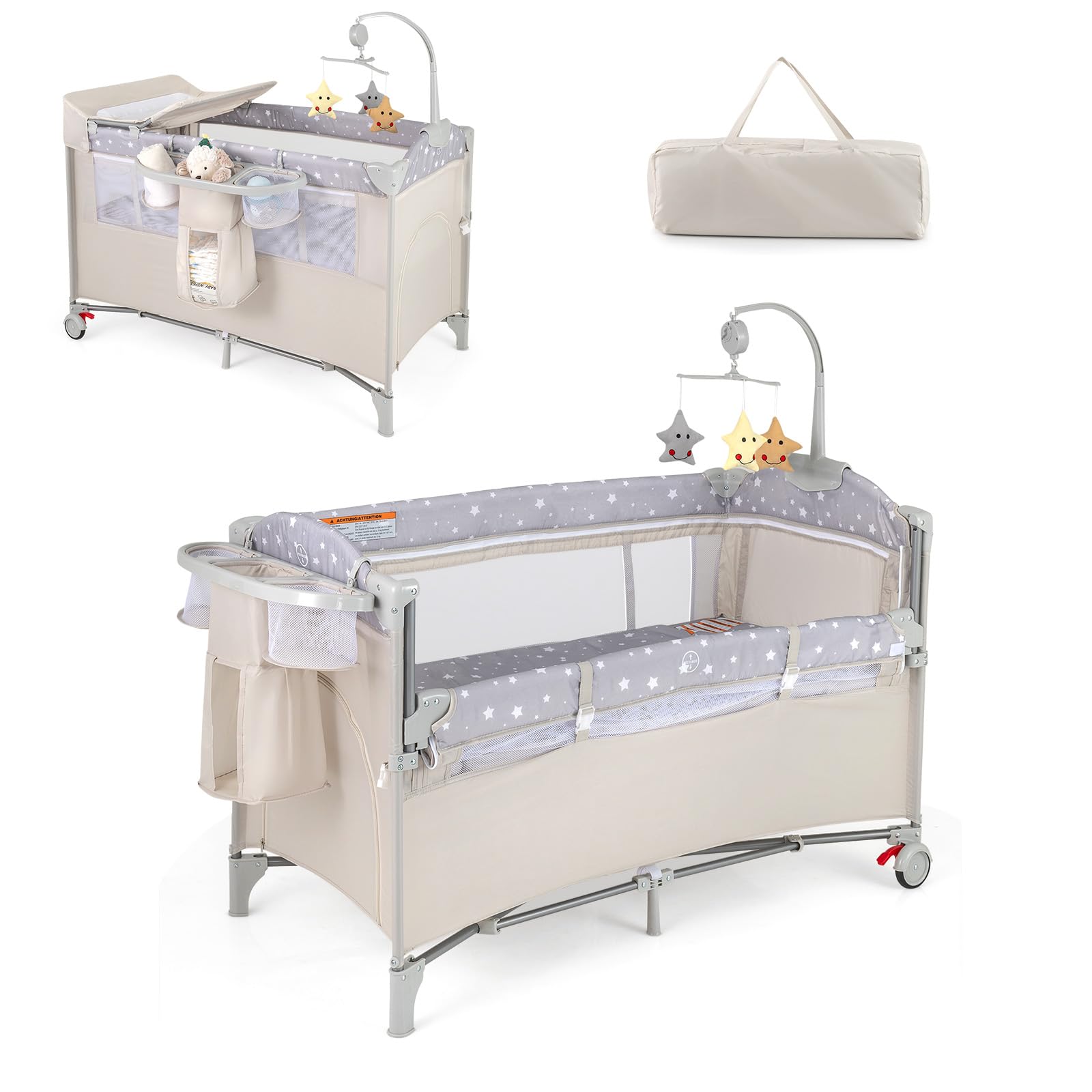 DREAMADE 4 in 1 Reisebett mit Matratze 120x60cm Beistellbett Baby mit Rollen Klappbar Wickeltisch Laufgitter Beige
