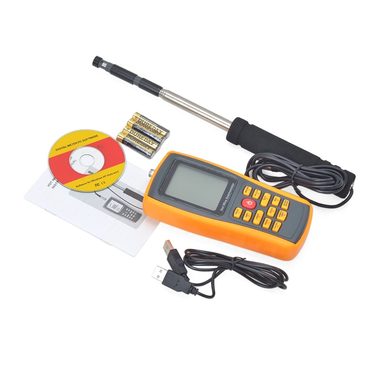 Anémomètre numérique à Fil Chaud, Vitesse du Vent/débit d'air/température mesurant 0~30 m/s avec Interface USB et capteur Mince GM8903 Anémomètre