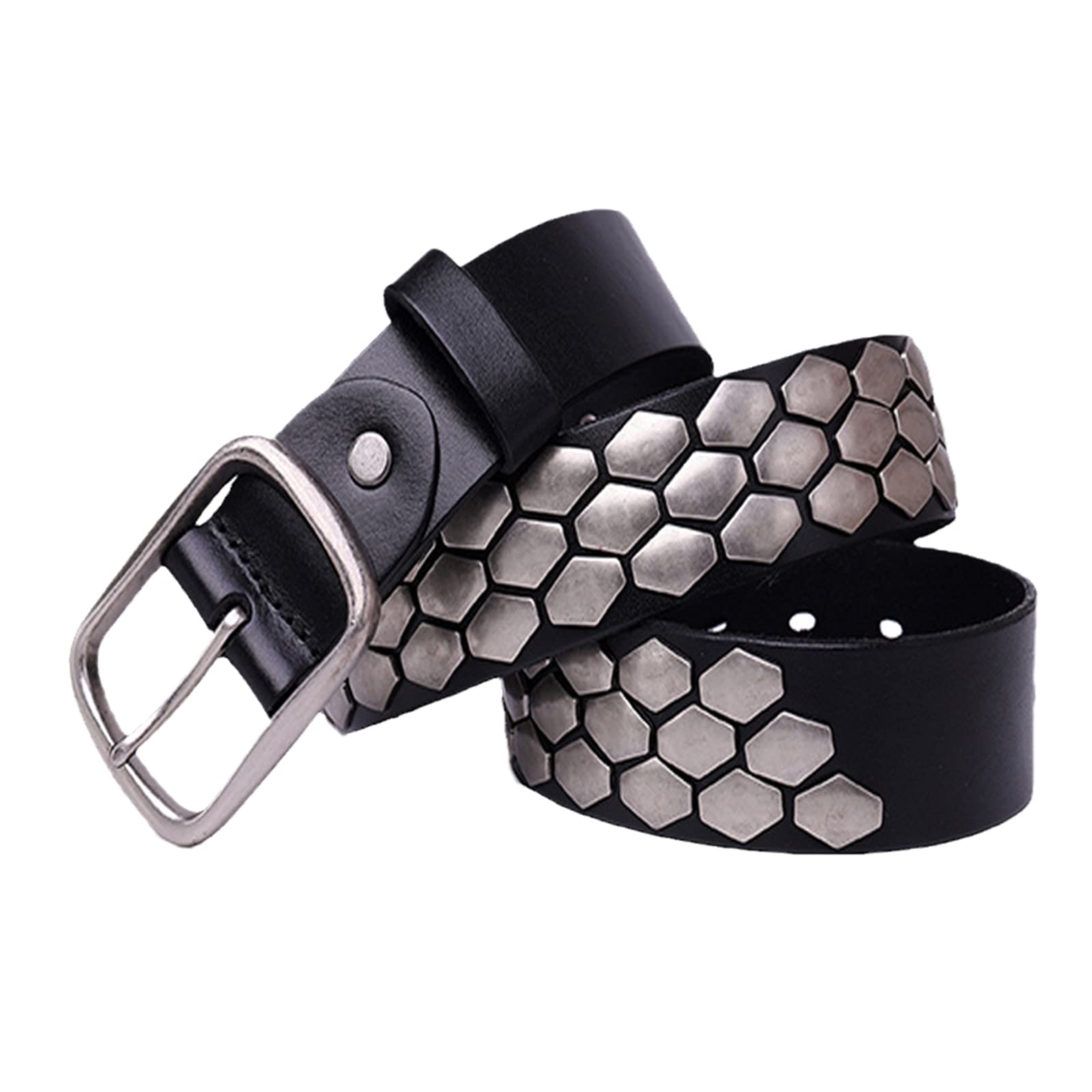 3 Reihen Metall Silber Besetzt Gürtel für Herren Damen 105cm - 125cm Länge Punk Rock Style Echtleder Nietengürtel Geeignet für alle Kleidungsstücke,Schwarz,120CM