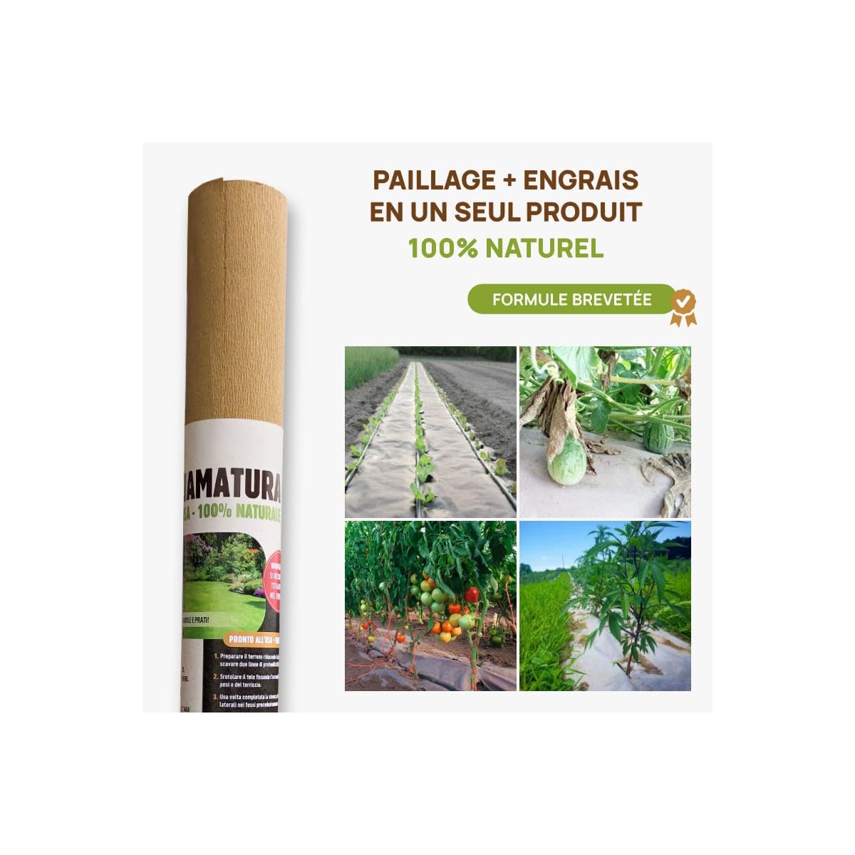 Kit de tela de acolchado de papel Kraft 0,9 x 20 m + 60 estacas de madera, fijación con pajillaje autodegradable, antimalezas jardín