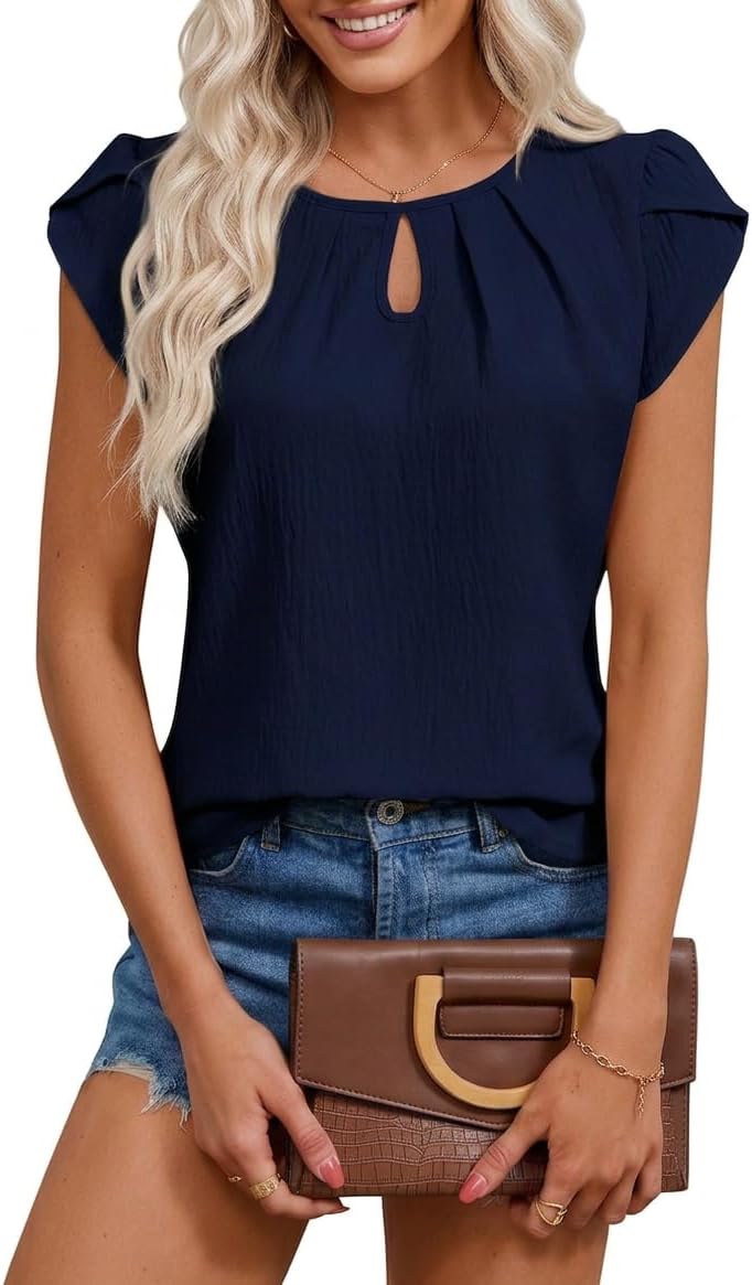 Chicrise Tshirt Damen Sommer Flügelärmeln Basic Bluse Rundhals Lässig Oberteil Elegant Schickes