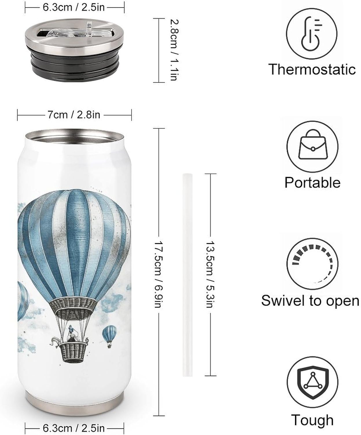 Stainless Steel Cups Blue Hot Air Balloon Printed Coke Cup Stainless Steel Insulated Cups with Lid And Straw