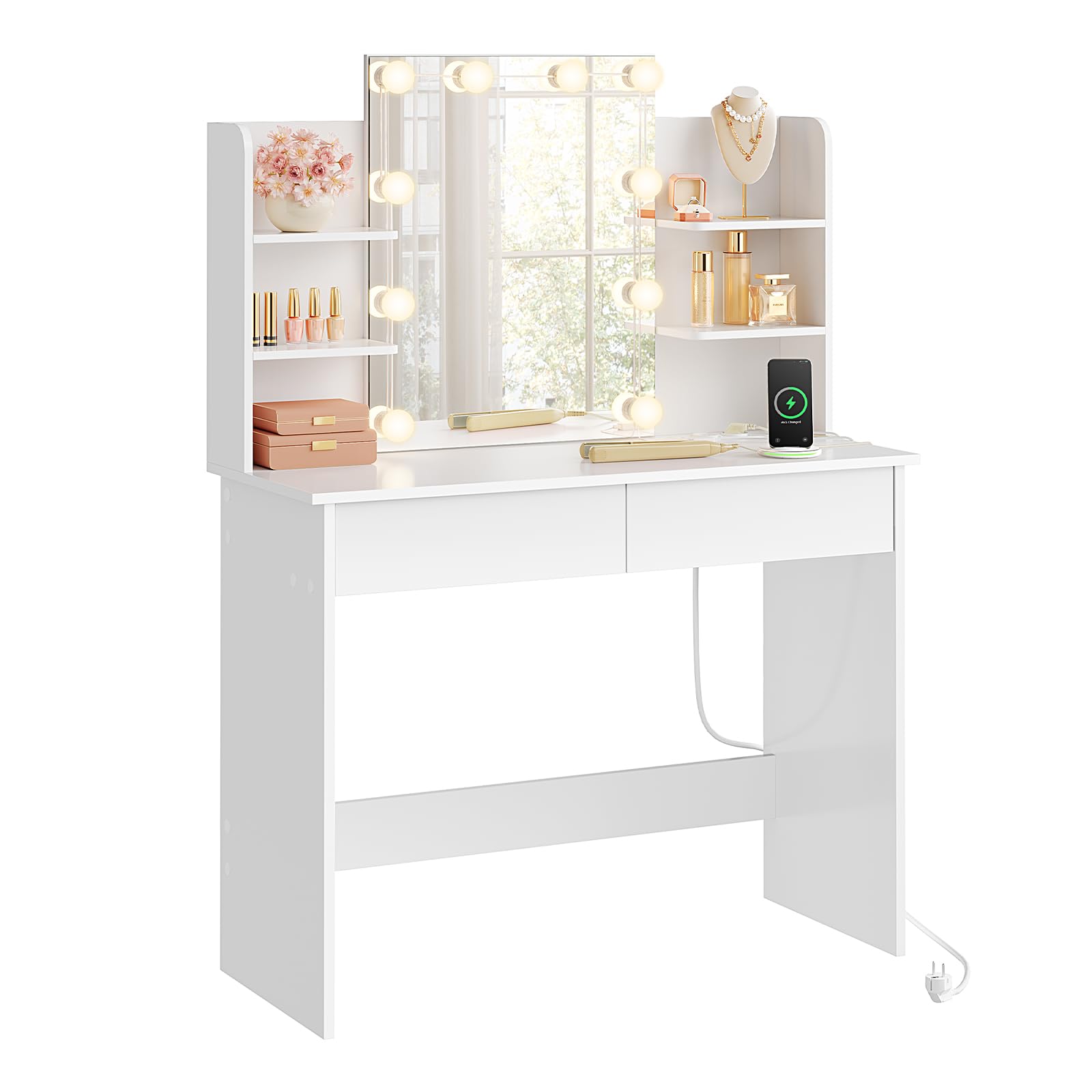 WOLTU Schminktisch mit Beleuchtung LED und Steckdosen, USB-A/USB-C, Schminktisch mit Spiegel, 2 Schubladen & 4 Ablagen, Moderner Frisiertisch für Schlafzimmer, 90x40 cm, Holz, Weiß
