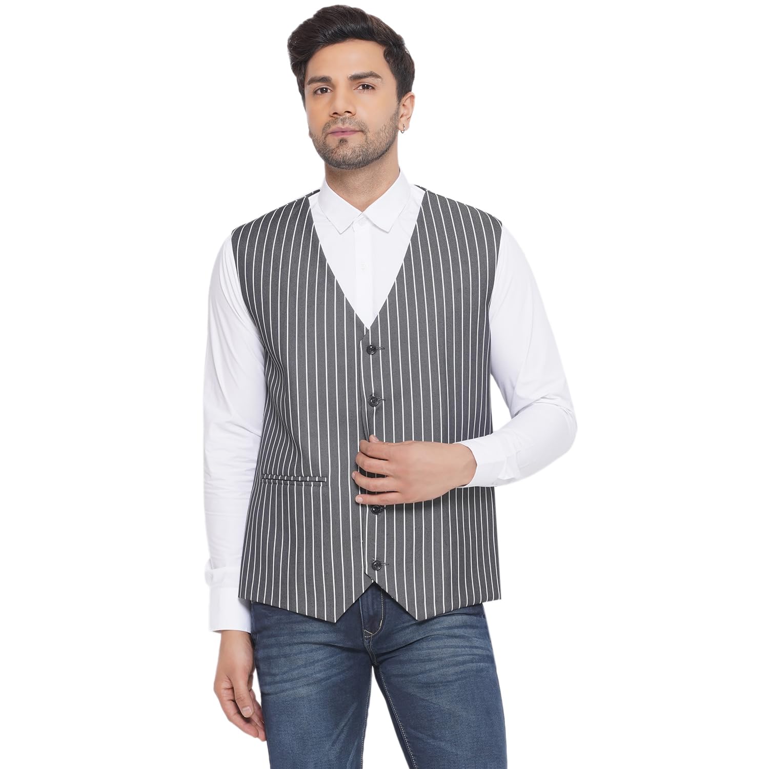 veera paridhaan Cotton Poly White Striped Waist Coat for Men (Grey)-picture-11