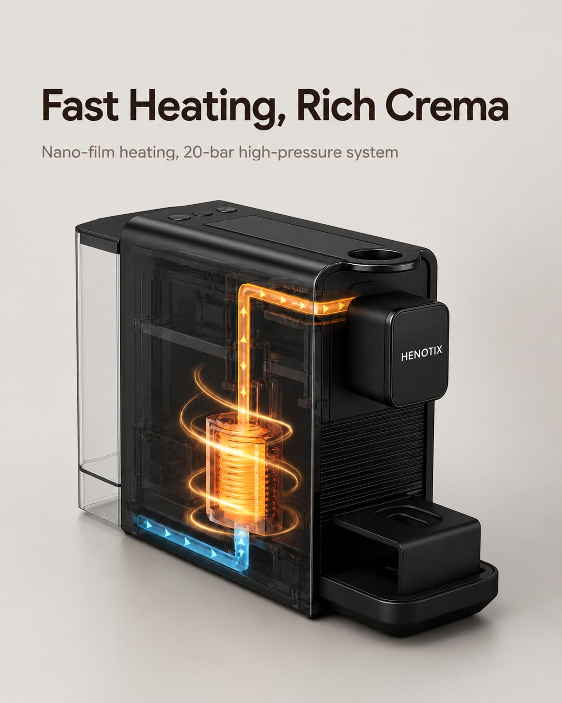 Cafetera de cápsulas compatible con Nespresso OriginalLine – Bomba de 20 bares, 3 tamaños de taza, calentamiento rápido, bandeja ajustable y soporte magnético desmontable, diseño compacto con