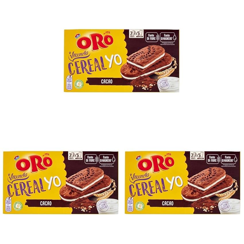 Oro Vitasnella, Cereal Yo On Cacao, Biscotti Ai Cereali E Al Cacao Magro Con Ripieno Morbido Di Yogurt, Fonte Di Fibre E Magnesio, 253g (contiene 5 Monoporzioni Da 50,6g) (Confezione da 3)