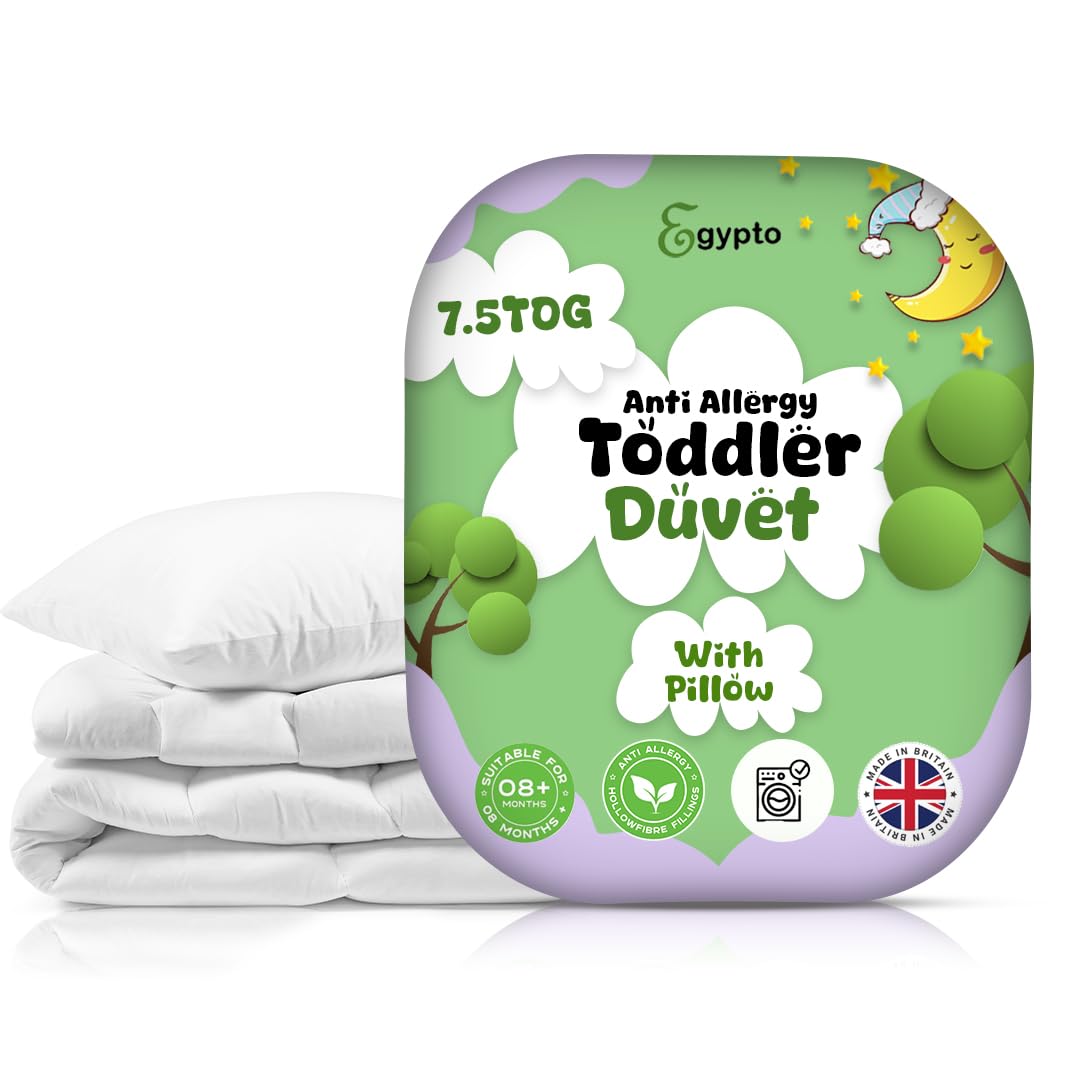 EGYPTO 7.5 Tog Anti-Allergy Cot Duvet and Pillow Set – Soft & Lightweight Toddler Duvets – Machine Washable Cot Bed Duvet for Children, Toddlers (120cm x 150cm, 7.5 TOG)