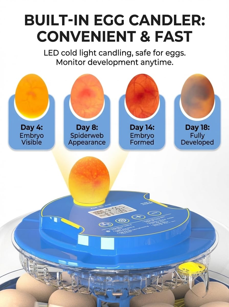 Incubadora Automática de 18 Huevos con Volteo, Monitor de Humedad y Ovoscopio – Para Pollos, Patos y Codornices