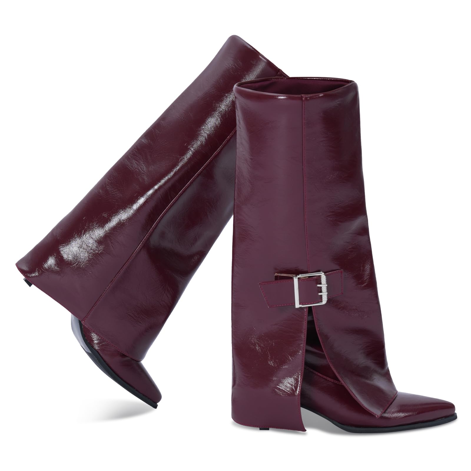 Zeuhzih Knee High Boots Women, Fold Over Shark Boots Pointed Toe kitten heels Wide Calf，Minimalist Street Style Faux Leather Boots for Fall & Winter,