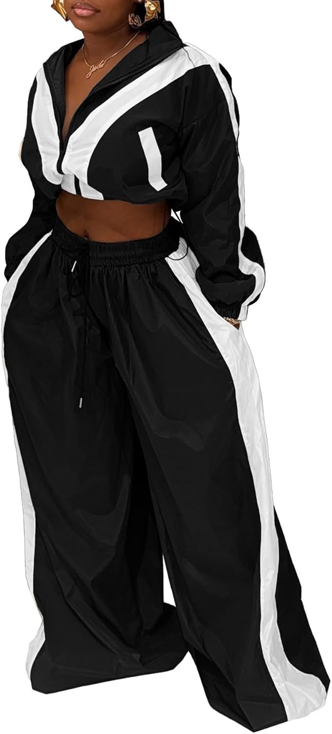 Women Sweatsuits 2 Piece Outfit Color Block Crop Zipper Tops & Elastic Waist Wide Leg Pants Sets Streetwear Tracksuit