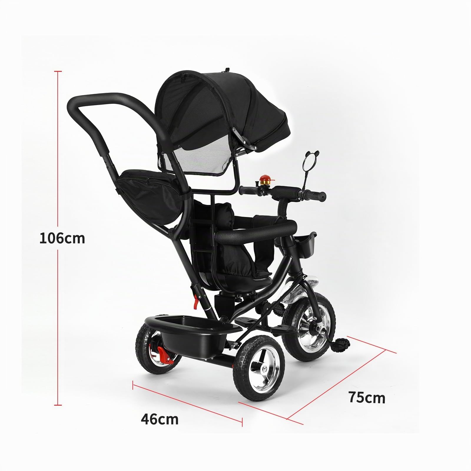 Tricycle Évolutif Bébé 4 en 1 – Poussette Canne Compacte et Multifonction, Position Allongée, Guidon Réglable, Pliable, Roues Anti-Crevaison, Jusqu’à 22 kg（Noir）
