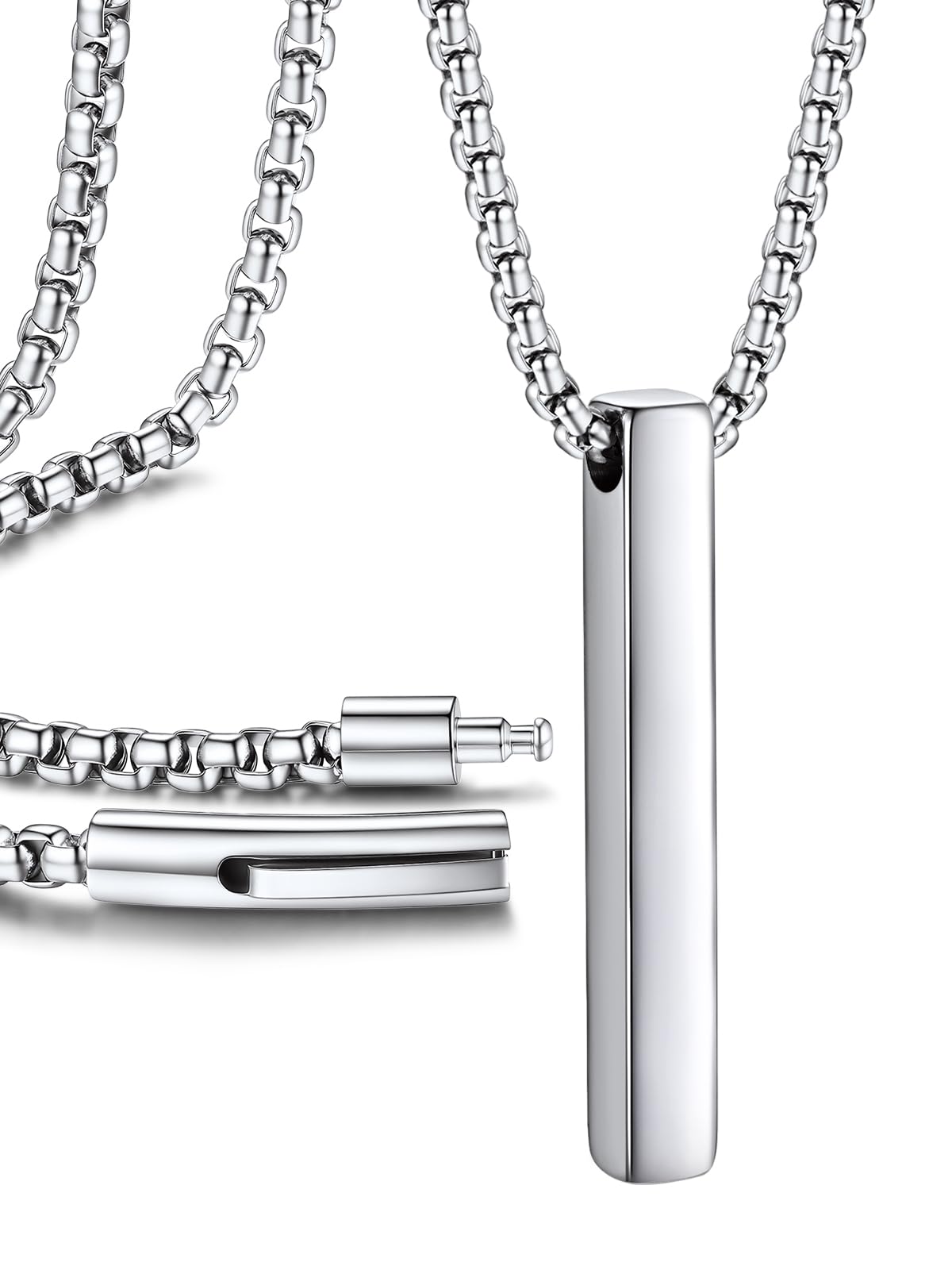 PROSTEEL Bar Pendant Mens Necklace, Stainless Steel Box Chain Necklace