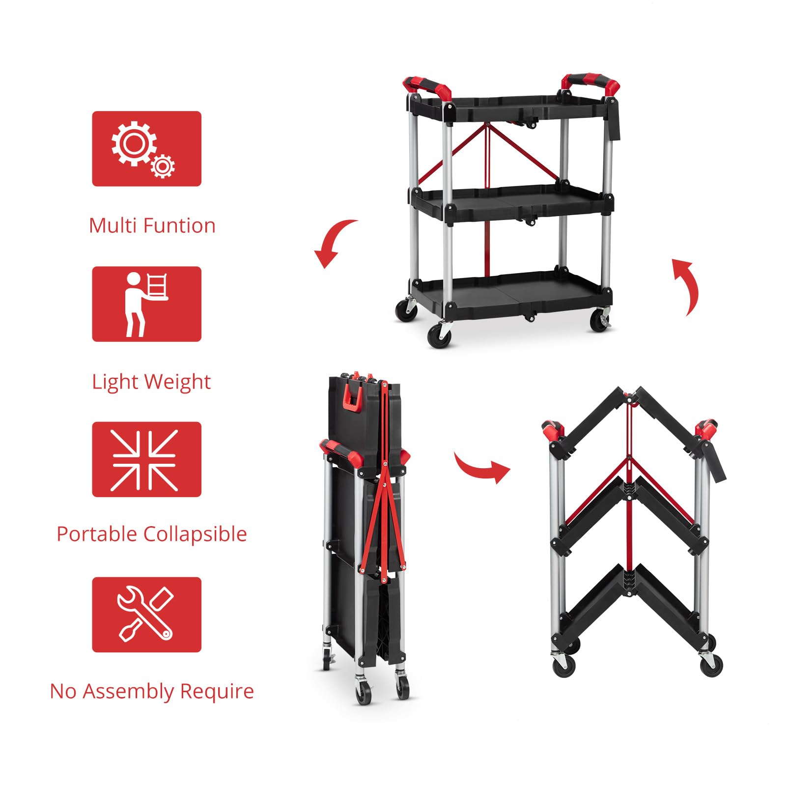 Carro de Servicio Plegable 3 Niveles, Carro de Herramientas con Ruedas Giratorias y Freno, Carro Auxiliar Compacto para Garaje, Almacén, Oficina, Hogar y Hostelería, Capacidad de 96 kg,