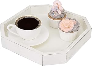 MyGift 10 x 10 in Vintage White Wood Octagonal Coffee or Tea Serving Display Tray, Decorative Home Decor Tray