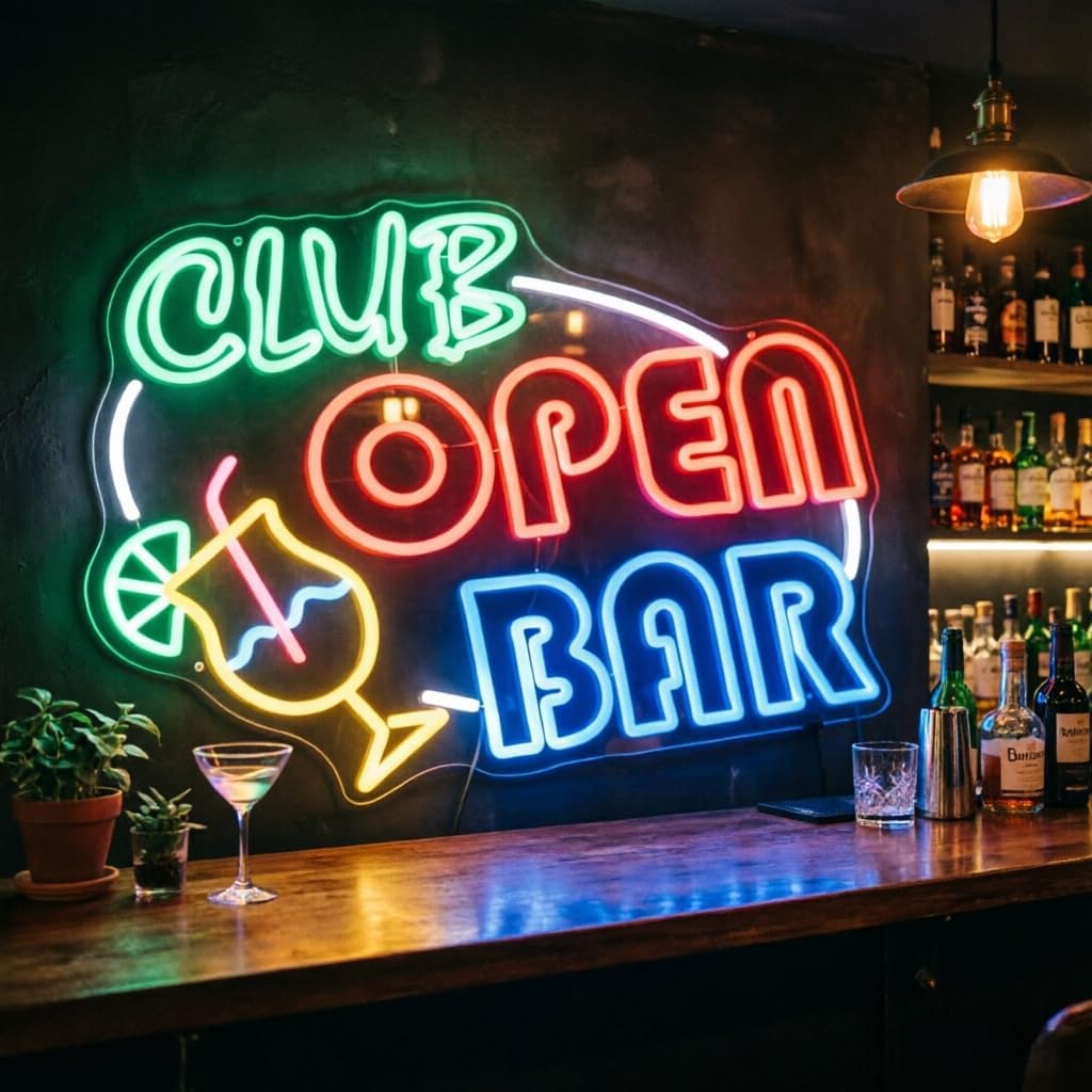 Club Open Bar Wall Mount LED Neon Sign, USB Powered Colorful Neon Light with Cocktail Design, Colorful Silicone Strip on Acrylic Board for Bar Pub Man Cave Party Home Decor