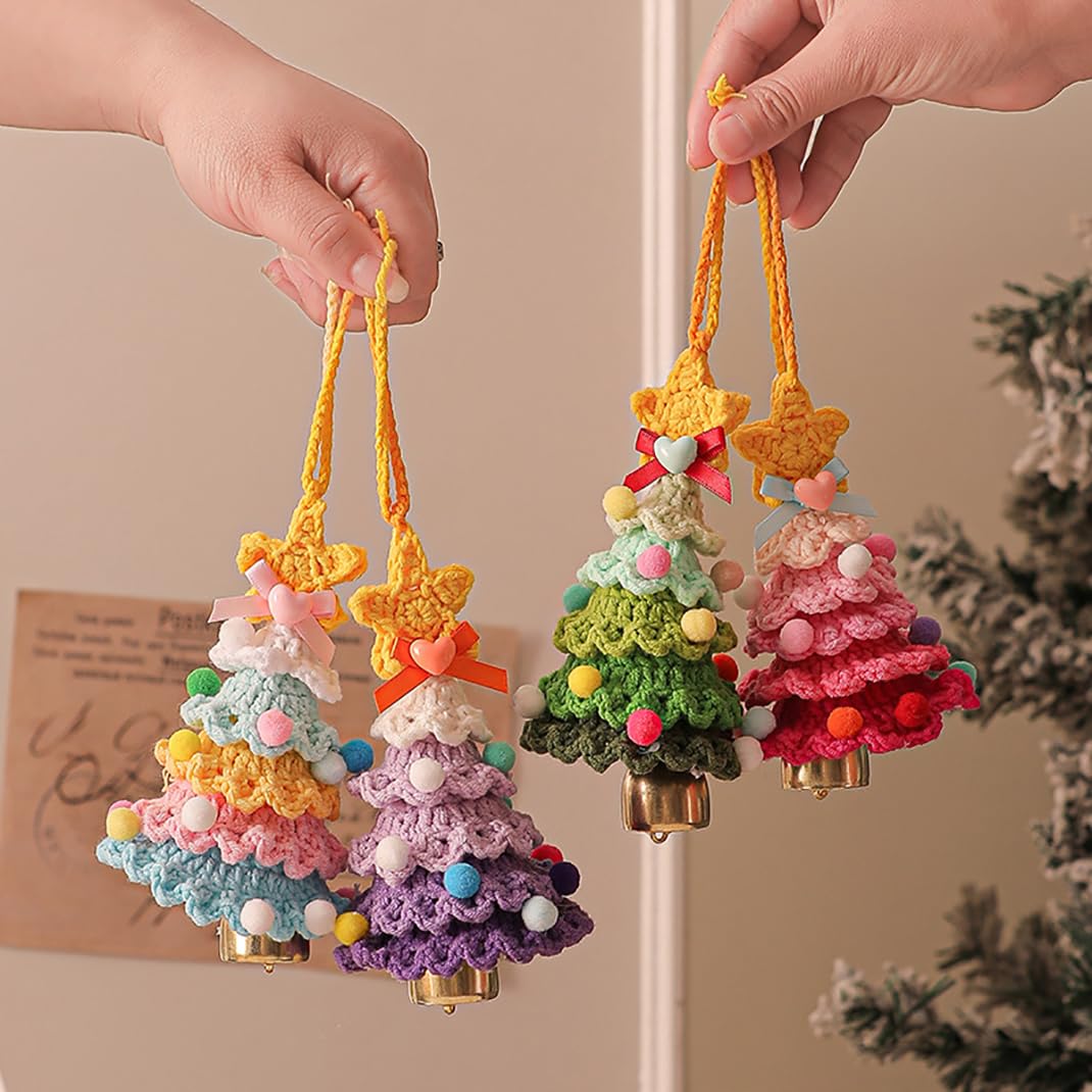 4PCS Christmas Tree Bell Decorations, Creative Crochet Christmas Decorations