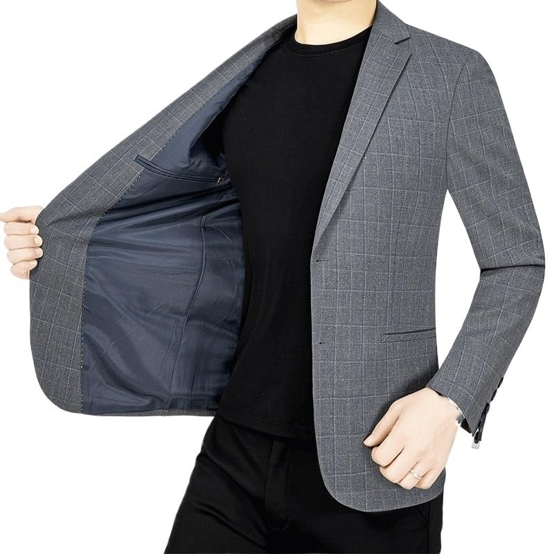 Mens Gray Plaid Causal Suit Blazers Slim Fit Sport JacketsTwo Button for Wedding Prom Homecoming2