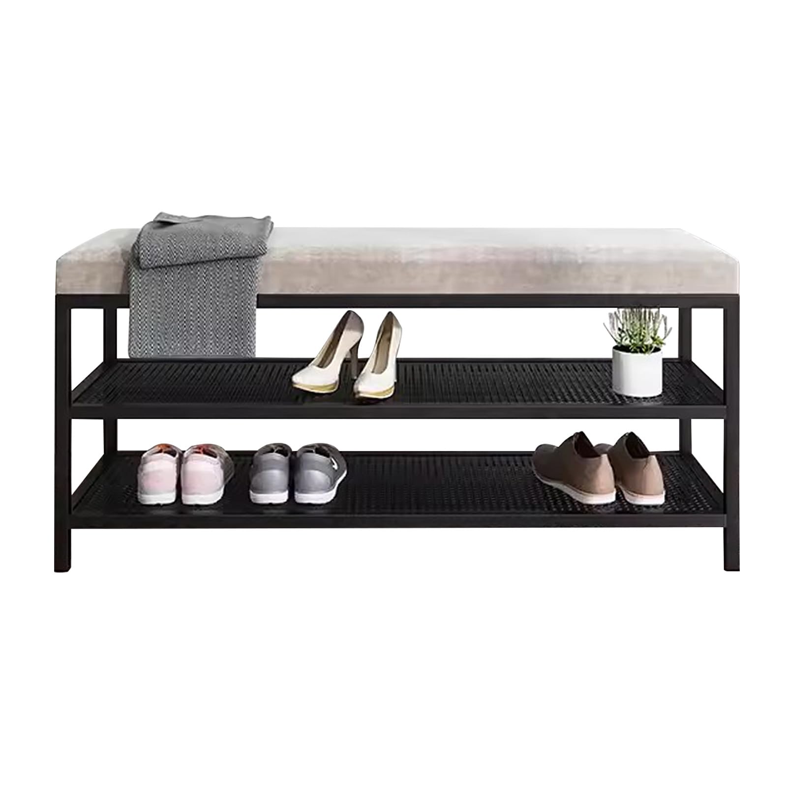 Banc de rangement pour chaussures d'entrée en velours rembourré gris avec étagère métallique
