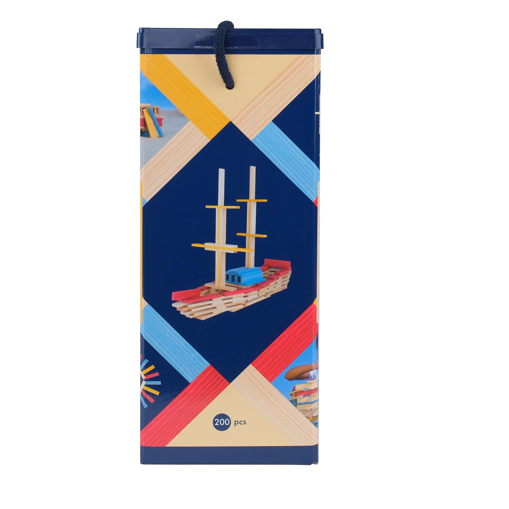 KAPLA SUMMER BOX 200 kolorowych desek (niebieskie, czerwone i żółte) z przewodnikiem budowlanym, drewniana zabawka, zestaw do budowania, od 2 lat